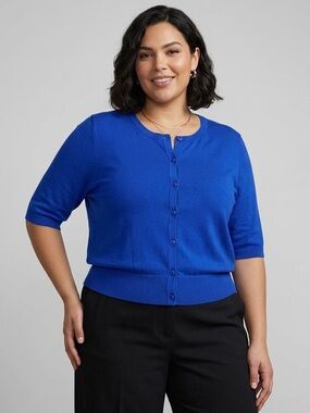 dressbarn Short-Sleeve Button-Front Cardigan in Bright Blue